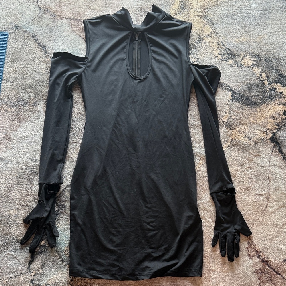 Chic Black Bodycon Long Sleeve Dress With Attached Gloves